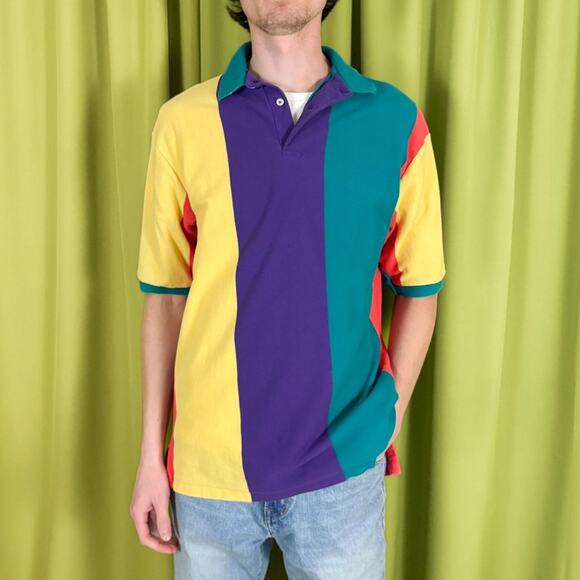 80s Vintage Multi-Colored Vertical Colorblock Striped Polo Shirt - Picture 1 of 5